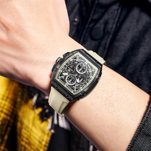 Image of OLEVS Men Watches Business Dress Chronograph Big Square Quartz Analog Male Watch Silicone Strap Waterproof Date Gift Mens Wrsit Watch Silver