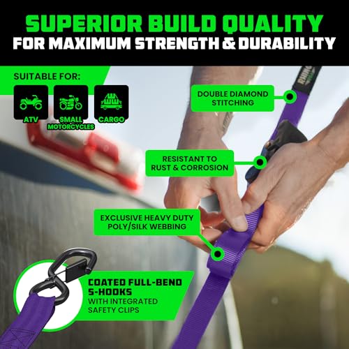 Image of Rhino USA Retractable Ratchet Straps (2-Pack) - 1 Inch x 10 Feet (1,209lb Break Strength) - Auto Self Retracting Tie Down Straps for Truck, Cargo Trailer, Motorcycle, ATV, UTV - Purple