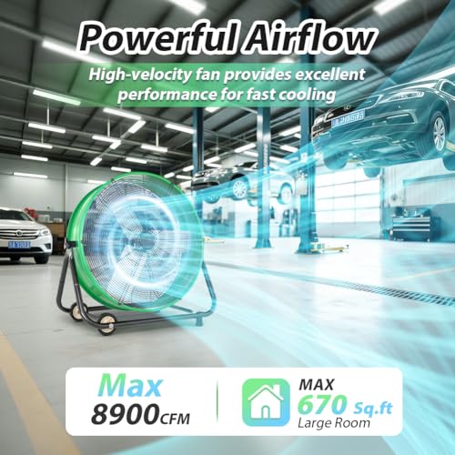Image of LifePlus 24 Inch Industrial Drum Fan High Velocity Floor Shop Fan 3 Speed, Heavy Duty Metal Air Circulator with Adjustable Tilt & Large Wheel for Warehouse, Garage, Factory, Patio, Barn, Green