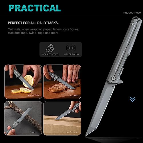 Pocket-Knife-for-Men-Tanto-Folding-Knives-with-Clip-EDC-Pocket-KnifeSlim-Gentlemans-Knife-with-Aluminum-Handle-Tactical-Knife-with-Flipper-Open-Liner-Lock-for-Outdoor-Survival-Camping