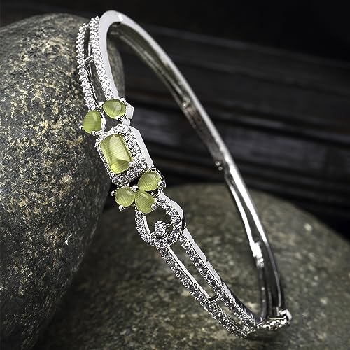 Image of ZENEME Rhodium-Plated American Diamond Studded Flower Patterned Kada Bracelet For Girls and Women