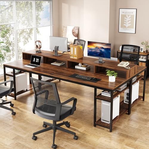 Image of Tribesigns Two Person Desk with Monitor Stand, 78.74 inch Long Double Computer Office Desk with Storage Shelves, Large Gaming Study Writing Table Workstation for Home Office (Rustic Brown)