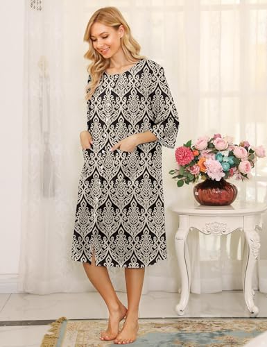 Image of Bloggerlove House Dress Women Cotton Snap Front Nightgown 3 /4 Sleeve Housecoat Duster Robe with Pockets Moomoo Patio Dress