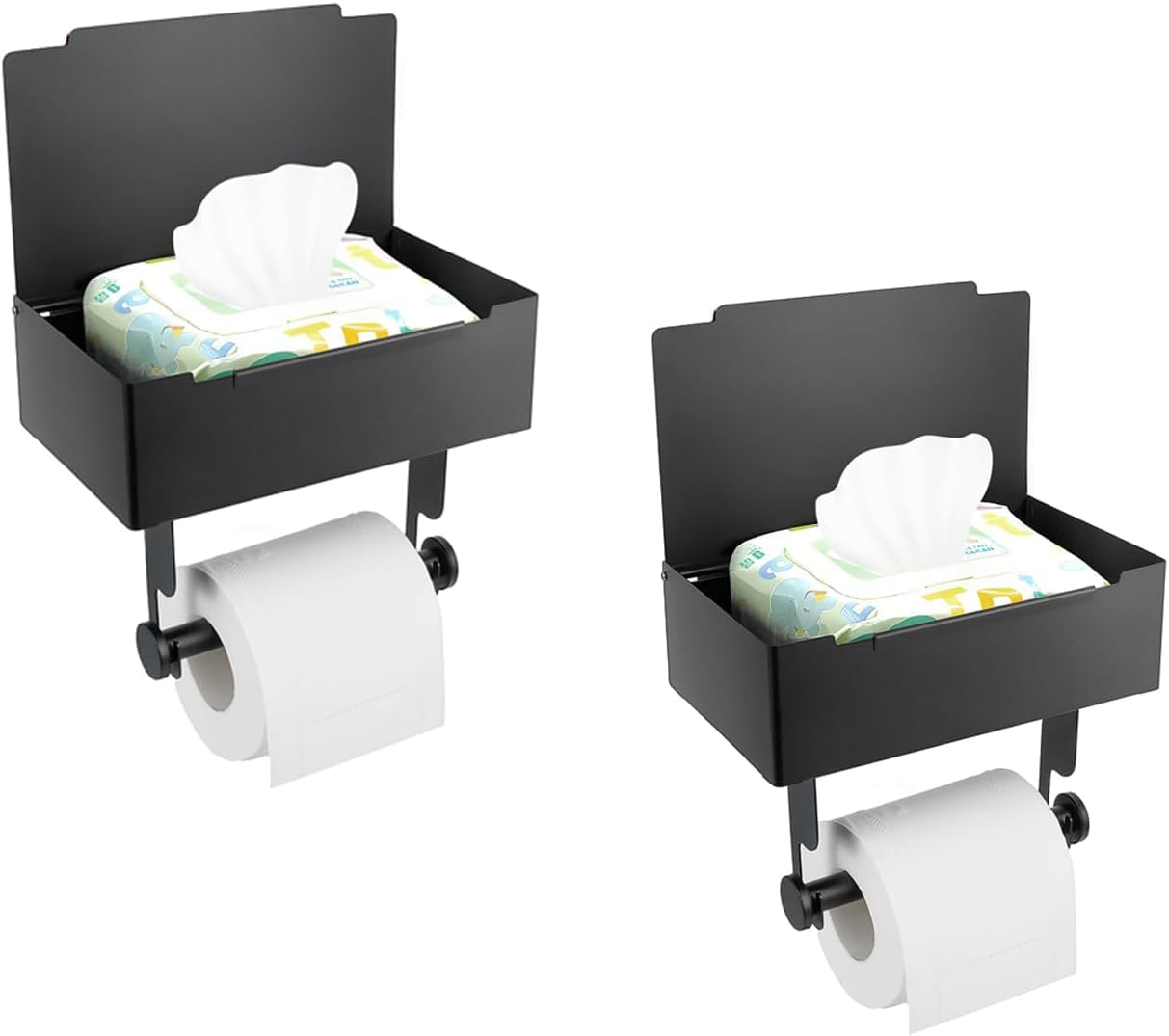 Portarrollos de papel higiénico negro con estante para toallitas y almacenamiento