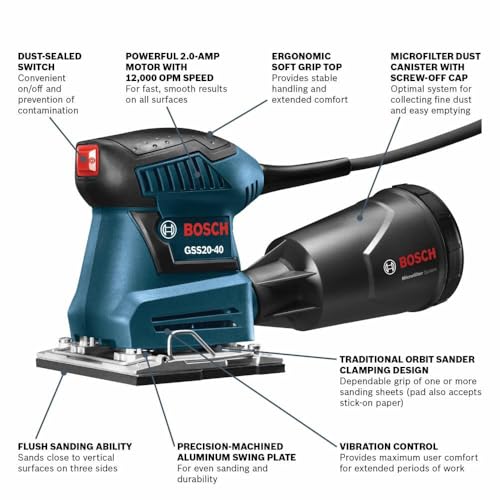 BOSCH GSS20-40 Orbital Finishing Sander 1/4-Sheet, 2 Amp, 12000 OPM with Dust Collector - Image 2