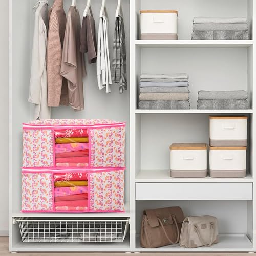 Image of Non-Woven Saree Covers with Zipper & Transparent Window | Clothes Storage Bags for Wardrobe Organization | Dustproof Garment Storage for Sarees, Dresses, and Clothes (Pink, Pack of 20)