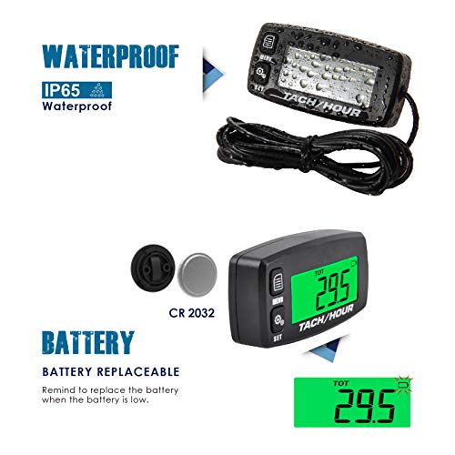 Runleader HM032R Inductive Tachometer Digital Tach Hour Meter Backlit Flash Alert Service Alarms for Gasoline Engine Chainsaw ATV UTV Dirtbike Motobike Motocycle Outboards Snowmobile Marine Boat