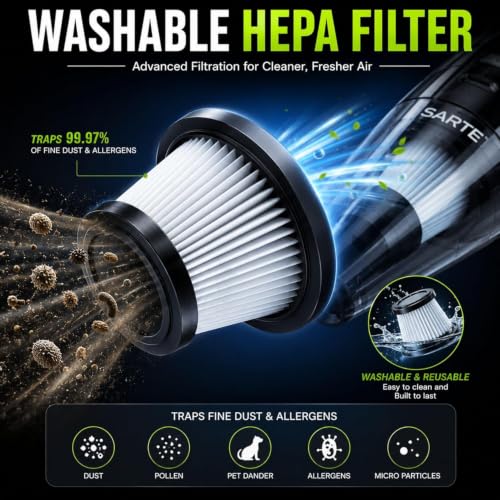 Image of SARTE Car Vacuum Cleaner 6000Pa High Suction, Wet & Dry 2-in-1, 12V DC Portable Handheld Vacuum Cleaner with HEPA Filter, Long Power Cord, Brush & Crevice Nozzle for Car Interior, Seats & Dashboard