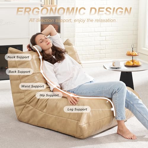 Image of Hobestluk Giant Bean Bag Chair Lazy Floor Sofa, Memory Foam Fireside Sofa for Adults, Big Beanbag Faux Leather Armless Chair for Living Room Bedroom Dorm Office (Khaki, Single)
