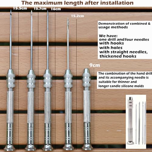 Image of TYMKLMZG 16 PCS Silicone Mould Hand Drill Adjustable Long Needle Punch Wicking Needle Tools Candle Mold Punch Tool with Hook & Eye Candlewick Inserting Tool Tweezers Threader for Candle Making