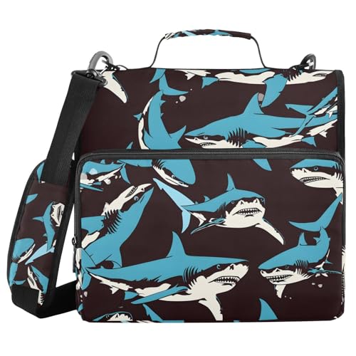 Image of Shark Blue Ocean Black Zipper Binder Bag 3 Ring Binder with Shoulder Strap Zip Up 500 Sheets Capacity Multi Pockets for School Office Supplies