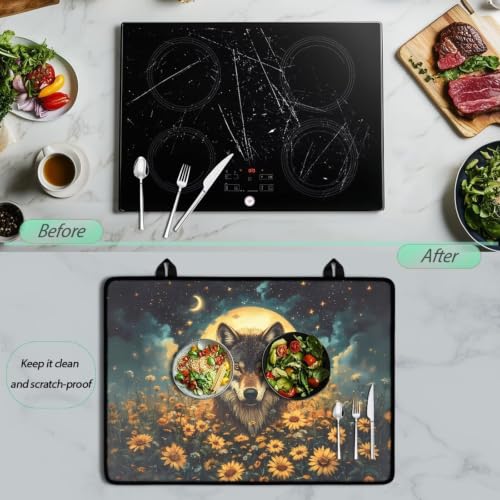 Image of Stove Top Covers for Electric Stove Anti-Scratch Flat Induction Cooktop Cover Mat Ceramic Glass Stove Top Protector with Rubber Backing, 29 x 21 Inch, Wolf Moon Planet Sunflower