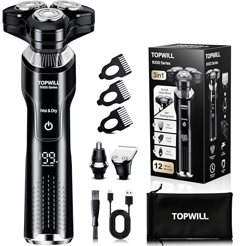 Electric Shaver for Men, Rechargeable Electric Razor with Floating Heads for Face Beard, 3-in-1 Trimmer, Close, Clean Shave, IPX7 Waterproof Wet/Dry, USB-C Charging, New Men’s Gift