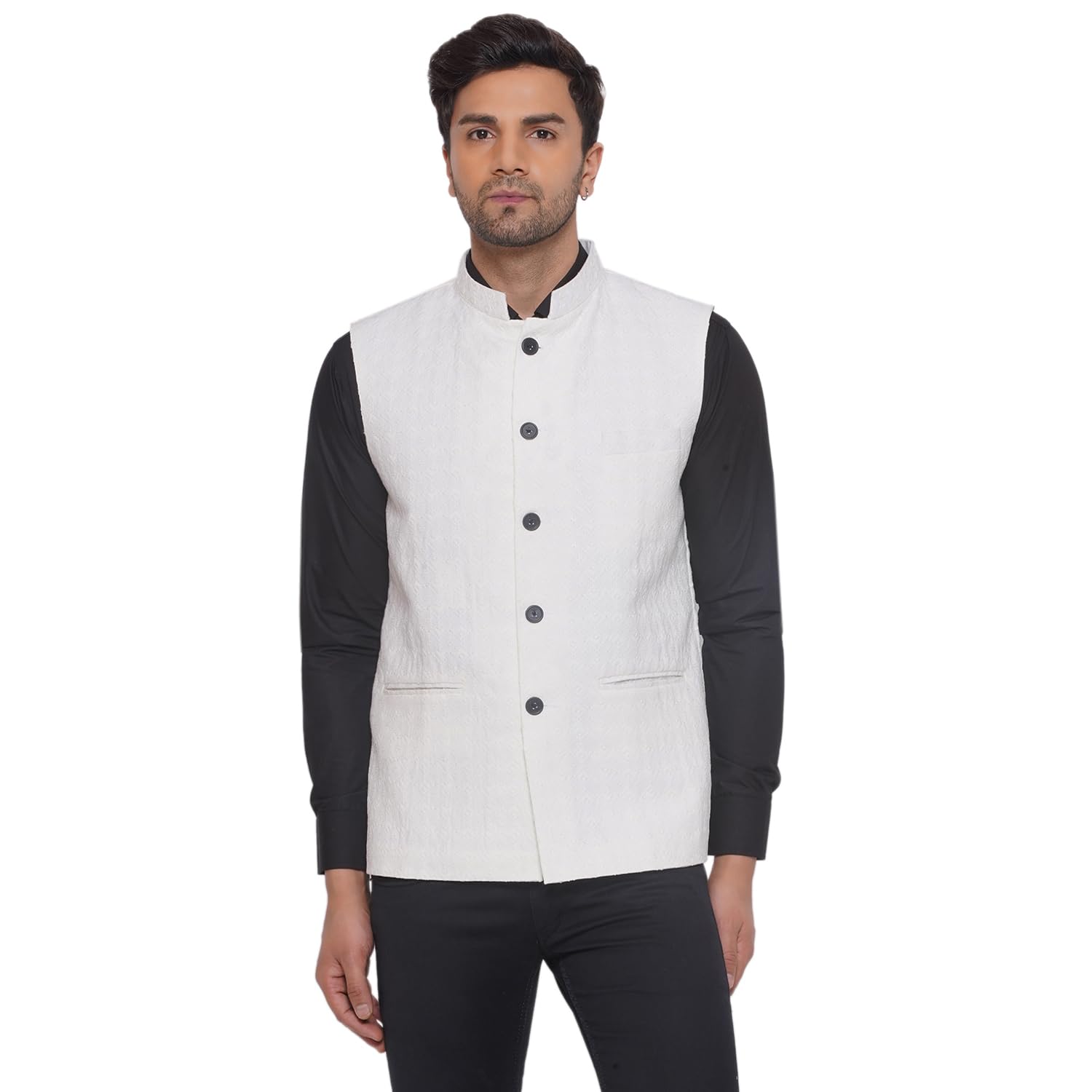Rayon Sequence Nehru Jacket for Men (White)-image-17