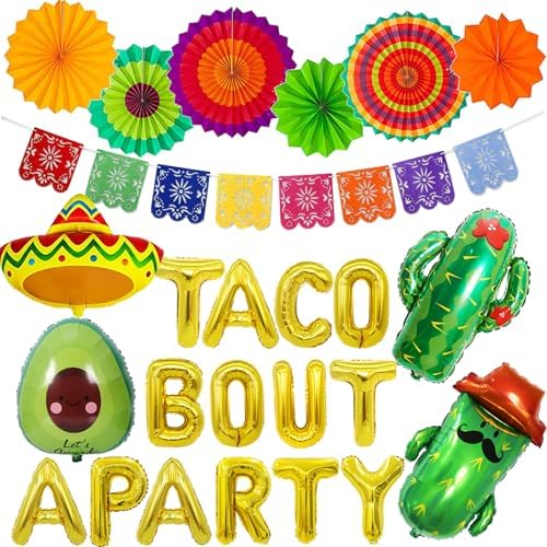 26 Pcs Taco Bout a Party Decoration, Fiesta Party Decorations Include Paper Fans Fiesta Banner Taco Cactus Avocado Sombrero Foil Balloons for Mexican Party Decorations Taco Party