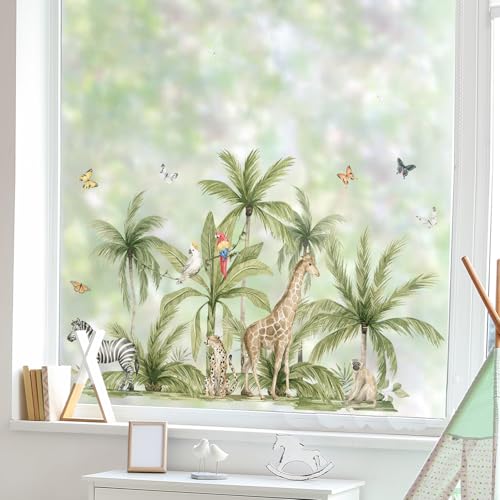 ChicSkin Autocollants de fenêtre pour enfants, animaux sauvages, palmiers tropicaux, autocollants de fenêtre des deux côtés, protection contre les oiseaux, réutilisables, pour salon, chambre à coucher