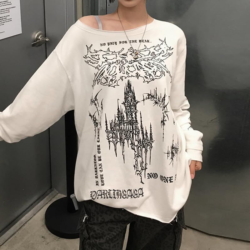 Women's Y2K Retro Printed Slanted Shoulder top, Loose and Slimming, Casual and Versatile Long Sleeved T-Shirt4