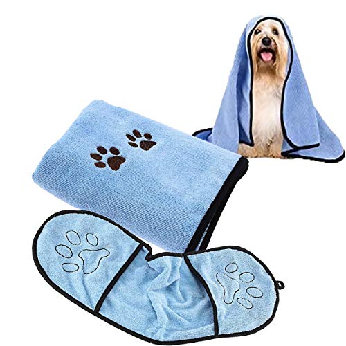 Jicyor Toallas de Baño para Perros, 2 Pcs Azul Lavable Súper Absorbente Microfibra Mascotas Toallas de Baño para Perros Pequeños y Medianos Cover