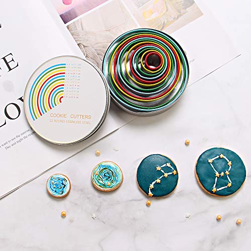 Shenghai 12 Piece Round Cookie Cutter Set, Stainless Steel Dough Cutters - Measuring Guide, Color Coded Tops (Blue) #TOP7