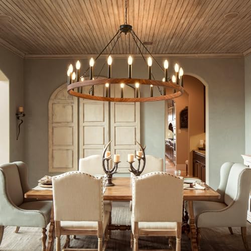 Wagon-Wheel-Chandelier-40-with-Wood-Grain-Finish-20-Light-Farmhouse-Wagon-Wheel-Chandelier-for-Dining-Room-Modern-Round-Iron-Candle-Chandeliers-Light-for-Living-Room-Foyer-Entryway-E12 Wagon Wheel Chandelier 40 with Wood Grain Finish 20 Light Farmhouse Wagon Wheel Chandelier for Dining Room Modern Round Iron Candle Chandeliers Light for Living Room Foyer Entryway E12