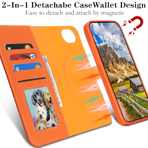 Image of Detachable Genuine Leather Case for iPhone 16e / iPhone 17e Wallet Case Magnetic 2in1 Removable Flip Cover Book Purse Compatible with Magsafe Charging Kickstand Card Holder-Orange
