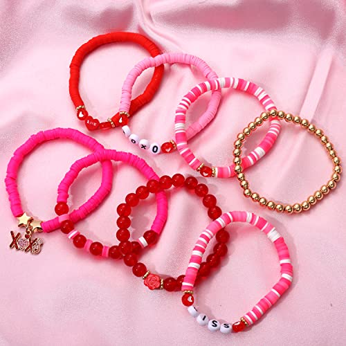 Valentine Day Xoxo Charm Beaded Stretch Bracelets For Women Holiday Preppy Heishi Polymer Clay Stackable Bracelets Set Festive Jewelry Gift #TOP2