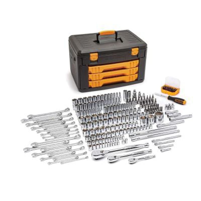 Jogo de ferramentas para mecânica GEARWRENCH 80966 com soquetes SAE e métricos, catraca de 90 dentes e caixa com 3 gavetas, 243 peças