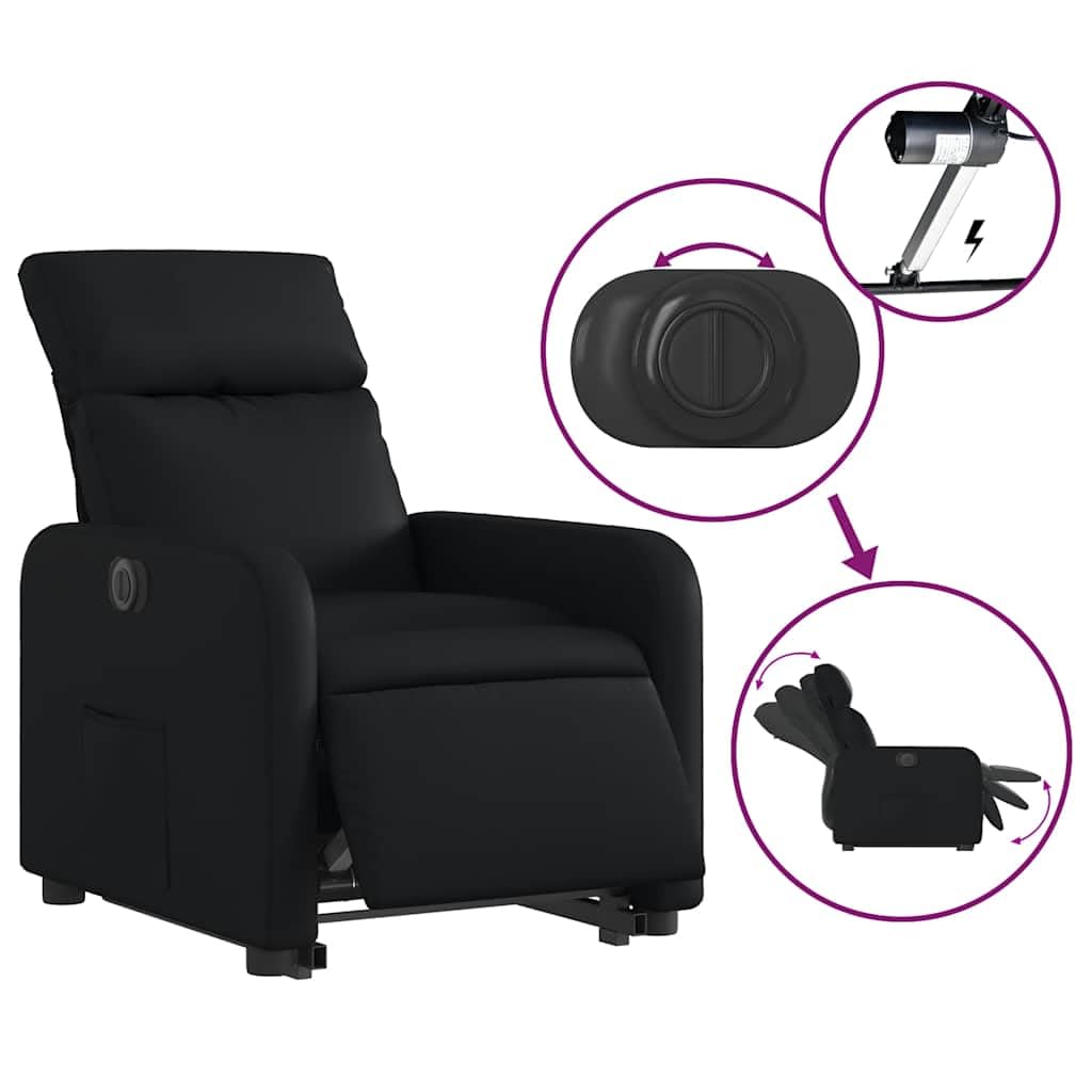 Sillón elevador reclinable eléctrico de piel sintética negra con función de elevación e inclinación automática a 135 grados, estructura estable de madera y metal, bolsillo