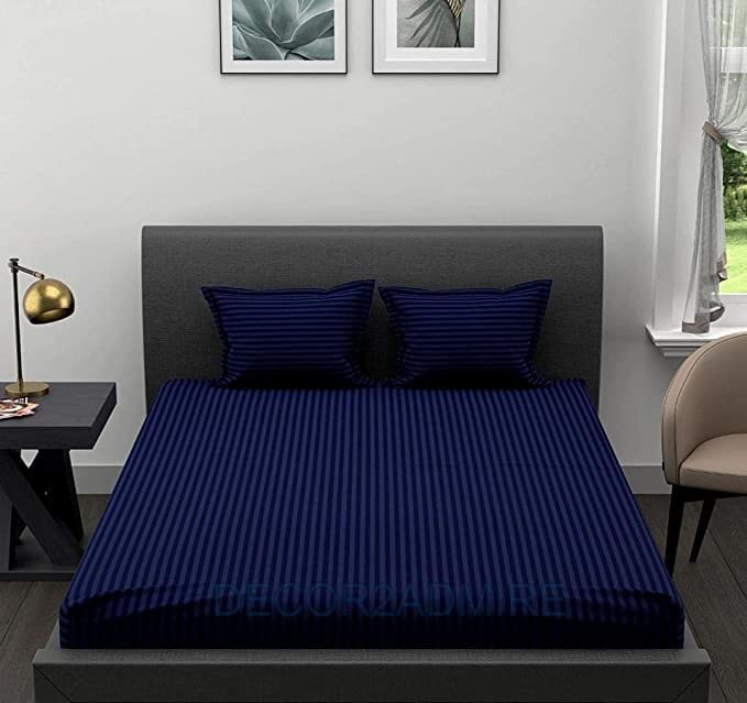 Image of DECOR2ADMIRE 300 TC Premium Glace Cotton All Round Elastic Fitted Plain Stripe Pastel Shades Queen Size Bedsheet with 2 Pillow Covers (Dark Blue, Queen 90 inch x 100 inch)