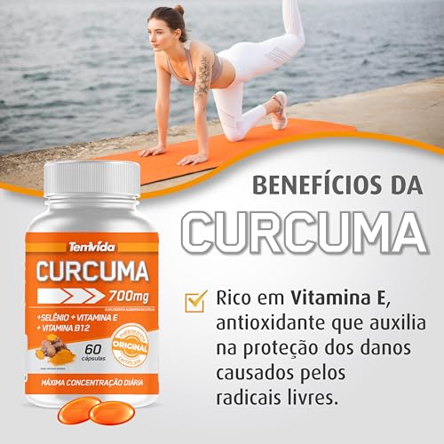 Cúrcuma + Selênio + Vitamina B12 e Vitamina E - 130 mg de Rizomas de Curcumina - 60 softcaps - Tem V