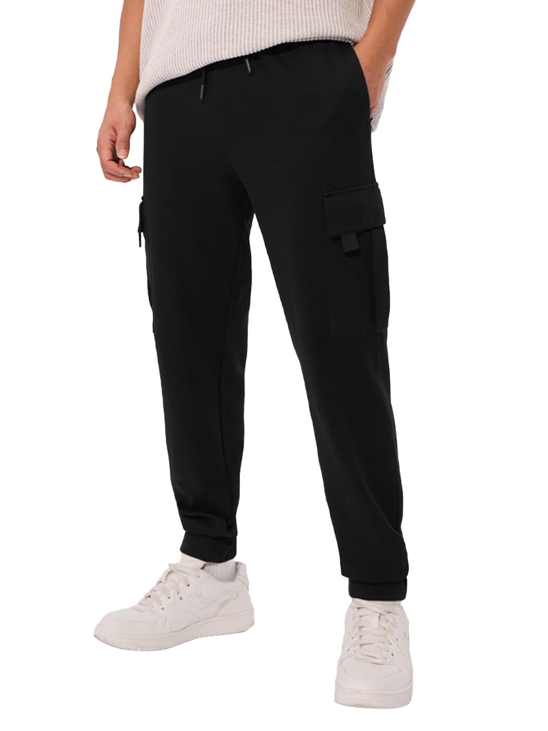 Solids: Jet Black Men and Boys Drawstringed Regular Fit Cotton Blend Cargo Joggers