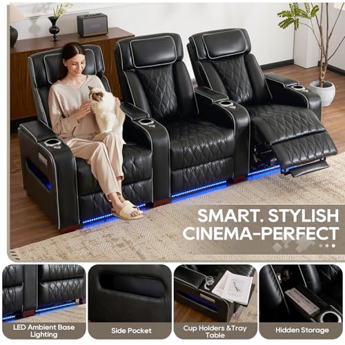Image of Luxury Home Theater Seating - Power Recliner with Adjustable Headrests, Blue LED Ambient Lighting, Tray Table, USB & Type-C Charging (Black, 3 Seat)