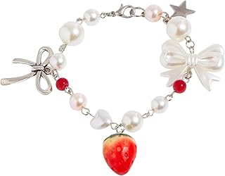 Pulsera con lazo de fresa de simulación de dulce, pulsera con temperamento cien con perlas de imitación, joyería de mano para vacaciones, 18cm/7,09 pulgadas Pulseras Luminosas Fluorescentes Blancas