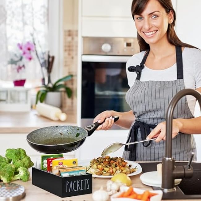 Seasoning Packet Organizer, Spice Packet Storage Organizer with 5 Compartments, Wooden Food Packet Organizer, Caddy Storage for Kitchen Pantry Cabinet, Modern Kitchen Organization Bins(Black)