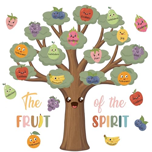 Sabary 82 Pcs Boho Fruit of The Spirit Bible Tree Bulletin Board Boho Back to School Decor Fruit Bible Accents Trees Cutouts for Christian Religious Sunday School Classroom Teacher Wall Decor Supply