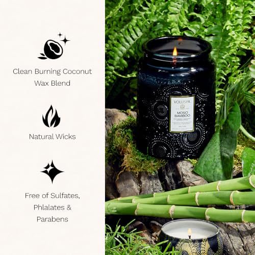 Image of Voluspa Moso Bamboo Large Scented Candle Jar 18 Oz, 100 Hr Burn | Coconut Wax Blend in Decorative Glass, Clean Even Burn, USA Handcrafted Gift for Hosts, Fragrance Lovers & Relaxed Rooms