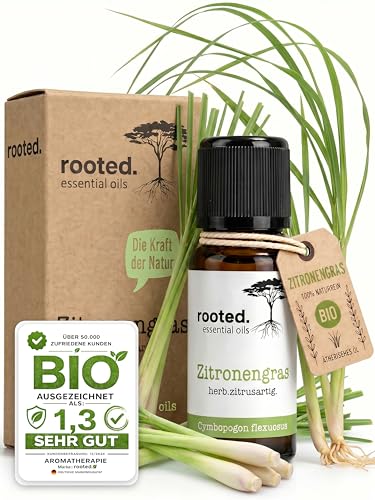 rooted. BIO Zitronengrasöl 10ml [100% NATURREIN] - Echtes Lemongras - Ätherisches Öl für Aromatherapie Duftlampe Diffusoren Raumduft Duftkerzen und -Seifen