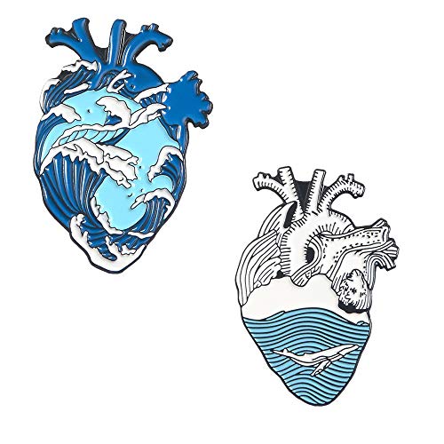 KOOBOOK 2Pcs Blue Romantic Ocean Wave Whale Brooch Human Heart Enamel Pin Lapel pins Heart Anatomy Badges - Main Image