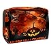 Borsa per cosmetici da donna, per Halloween, zucca su tavola in legno, con luna piena, borsa da viaggio in PVC, con chiusura lampo