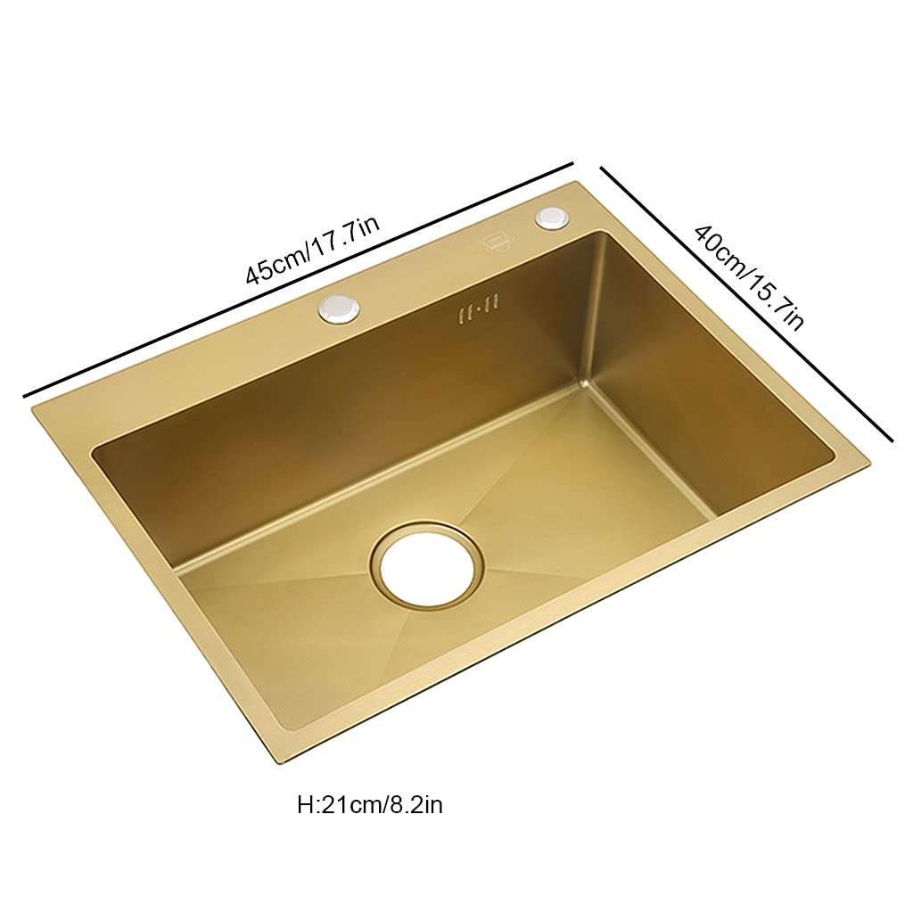 Lavello da Cucina in Acciaio Inox 304 a Una Vasca con Scarico e cestello sottotop o a Incasso Finitura Oro 45x40x21 cm Resistente ed Elegante Facile da installare