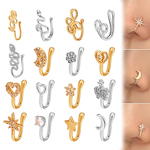 znvwki Nose Clip on Non Piercing, U-Shaped Nose Clip, 16pcs African Nose Cuffs, Clip on Diamond Nose Rings for Women Non Piercing, Women's Men's Jewelry, Gold Silver Star Heart Crown Moon Styles
