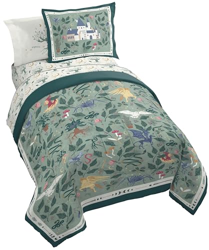 Image of Harry Potter Full Comforter Set 7 Piece Soft Floral Bedding, Green | Hogwarts, Bed in a Bag, Comforter Sheets Shams Pillowcases, Official Product, Soft Microfiber, Machine Washable, Easy Care