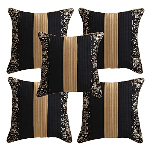 Image of Gifts Island Combo Silk Traditional Striped & Rajasthani Warli Golden Hand Printed Pillow Cushion Covers 16x16 inches Set of 5 & Round Pillow Bolster Covers Set of 2 16x32 inches (Black)