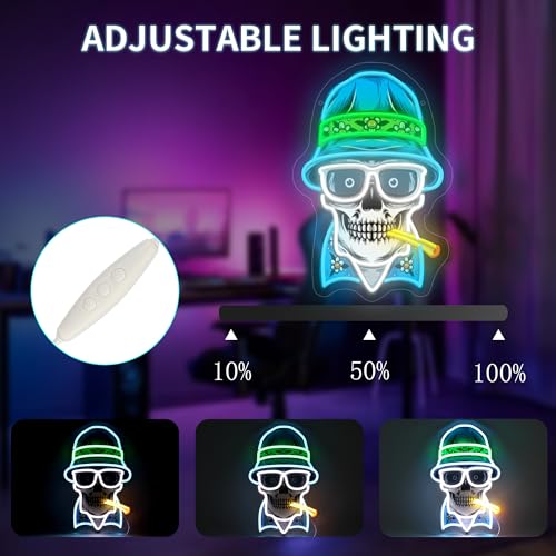Image of Hats, Bones & Smoke Rings LED Neon Sign USB Powered for Wall Decor, Skull Neon Night Light Sign Dimmable for Boys Room Party Decor Halloween Birthday Gifts