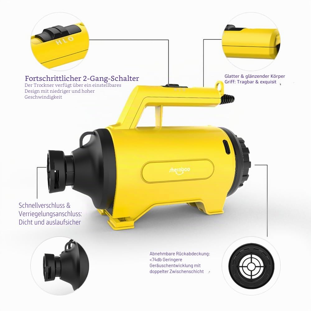 shernbao Auto Gebläse Autotrockner Motorradtrockner Fahrzeugtrockner Staubbläser Auto Staubsauger Laubsauger Laubbläser 230V 1200W, Gelb | stufenlos 3.8HP 230V 1200W, Gelb