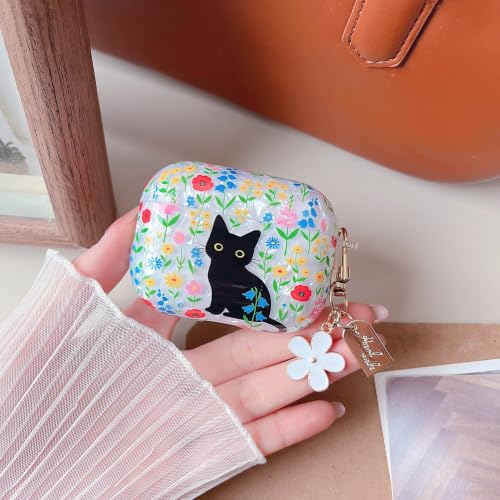 Image of MINSCOSE for AirPods Pro 3 Glitter Case,Cute Cat Flower Shell Pattern Design with Girly Keychain,Soft TPU Protective Shockproof Cover with Cleaner Kit for Girls Women for AirPods Pro 3-Cat