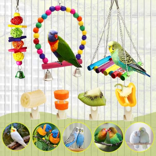 Image of Bird Toys Parakeets Cage Accessories: 12Pcs Parrot Toy Swing Ladder Natural - Small Birds Supplies for Cockatiel Conure Lovebird Budgie Canary Finches Quaker