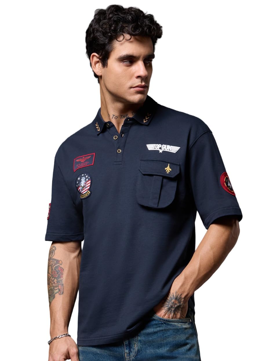 the souled store Official Top Gun: Classic Men and Boys Short Sleeve Collared Neck Navy Blue Cotton Oversized Polos-picture-11