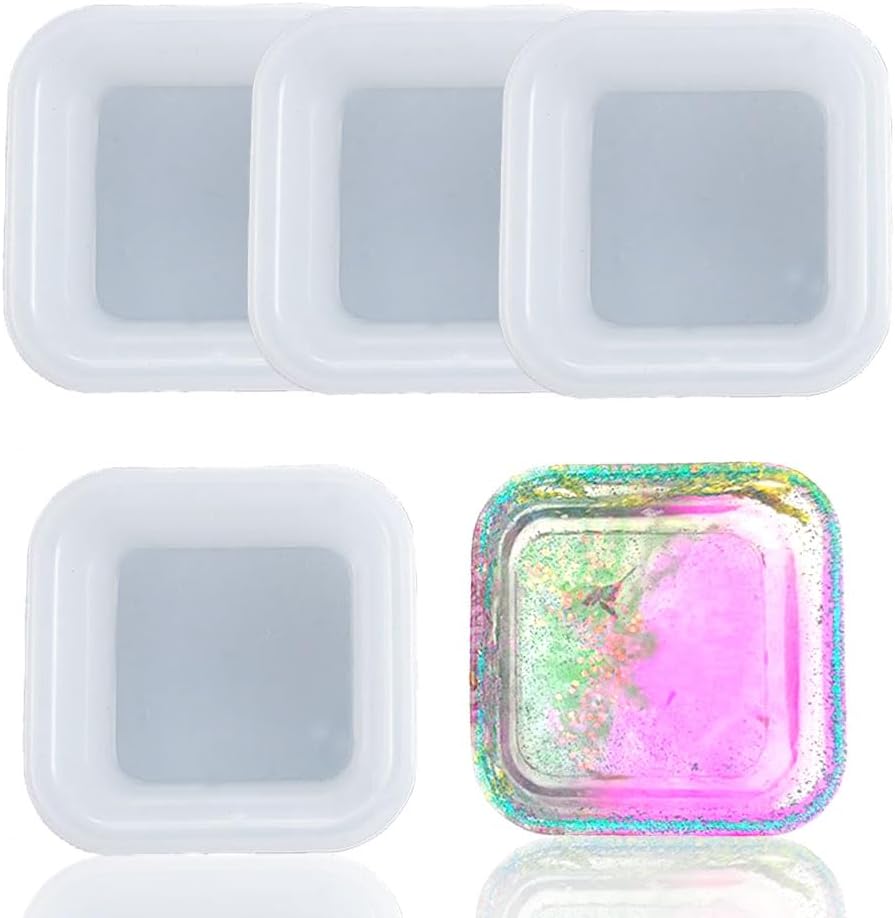 BIGEBO 4 Pcs Dish Resin Molds, Square Shape Silicone Jewelry Tray Molds Mini Bowl Silicone Mold Cute Decorative Dish Containers Epoxy Casting Mold for Storage Small