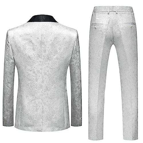 UNINUKOO Mens Slim Fit Suit 3 Piece 1 Button Paisley Prom Floral Wedding Tuxedo for Men US Size L White 7